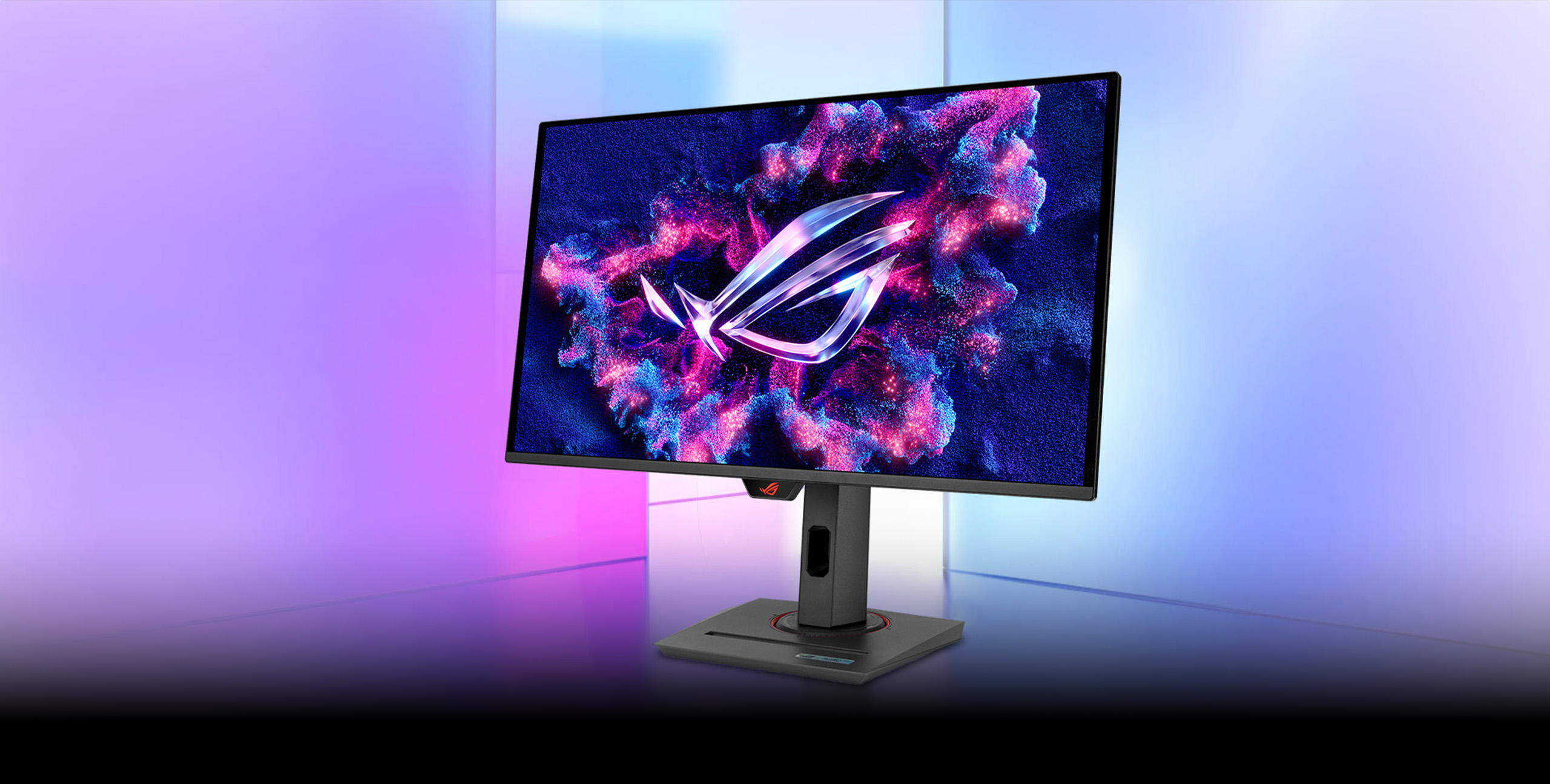 The XG27ACDNG monitor displayed in front of a colorful, glass-textured background.