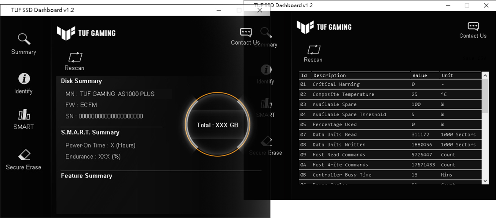 TUF GAMING AS1000 PLUS SSD Dashboard 用户接口。