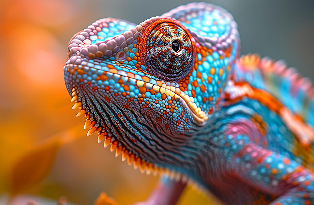 A close-up portrait of a chameleon with bulging eyes and textured skin.