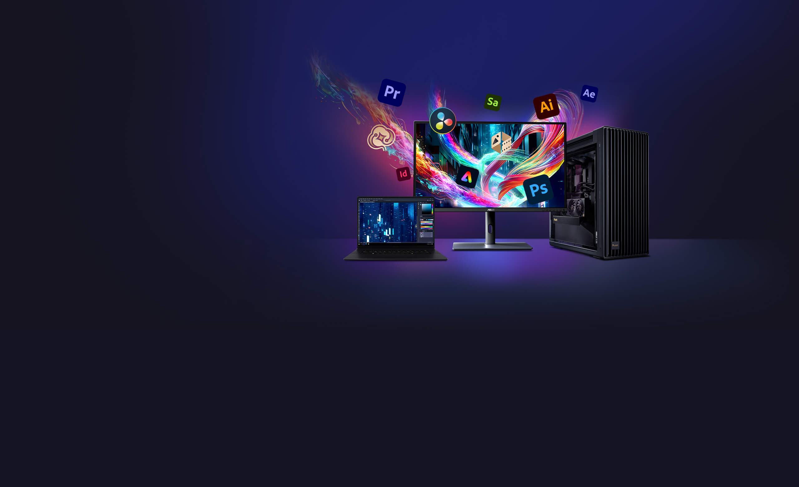 Desktop computer, laptop, and monitor displaying various creative software icons and colorful graphics