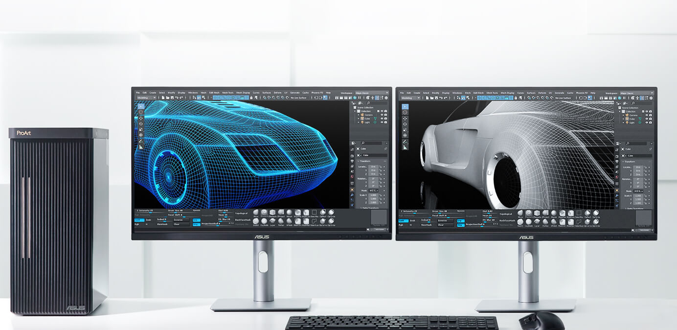 A desktop setup with two monitors showing different 3D designs, connected to the device with various port options.