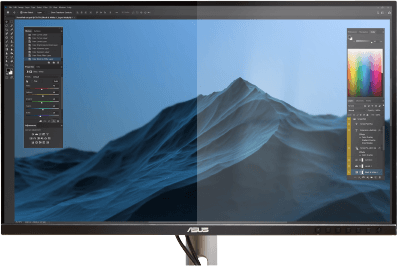 ProArt Display PA27JCV showing a side-by-side comparison of color accuracy.