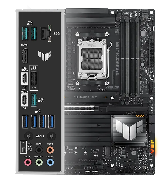 Frontansicht des TUF Gaming-Mainboards mit Aura-Beleuchtung und I/O-Shield