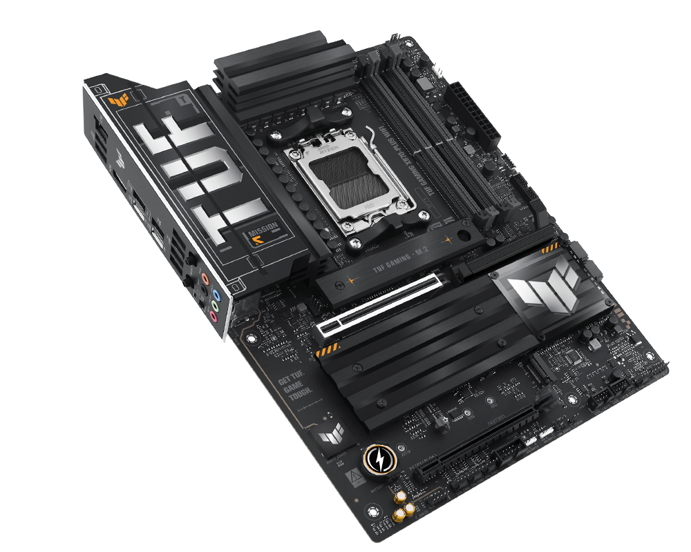 TUF Gaming motherboard front view, 45 degrees