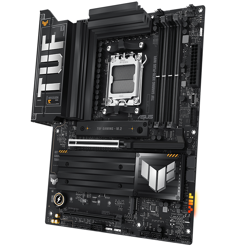 TUF Gaming motherboard front view, 60 degrees, with Aura lighting