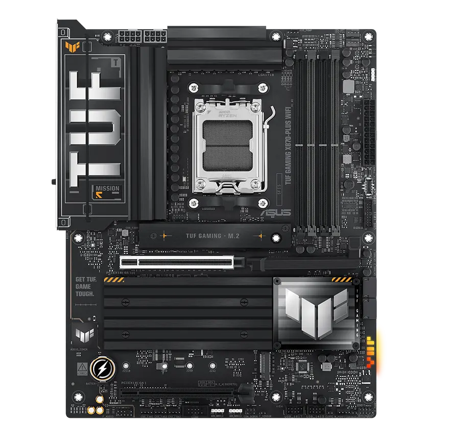 TUF Gaming motherboard front view, with Aura lighting