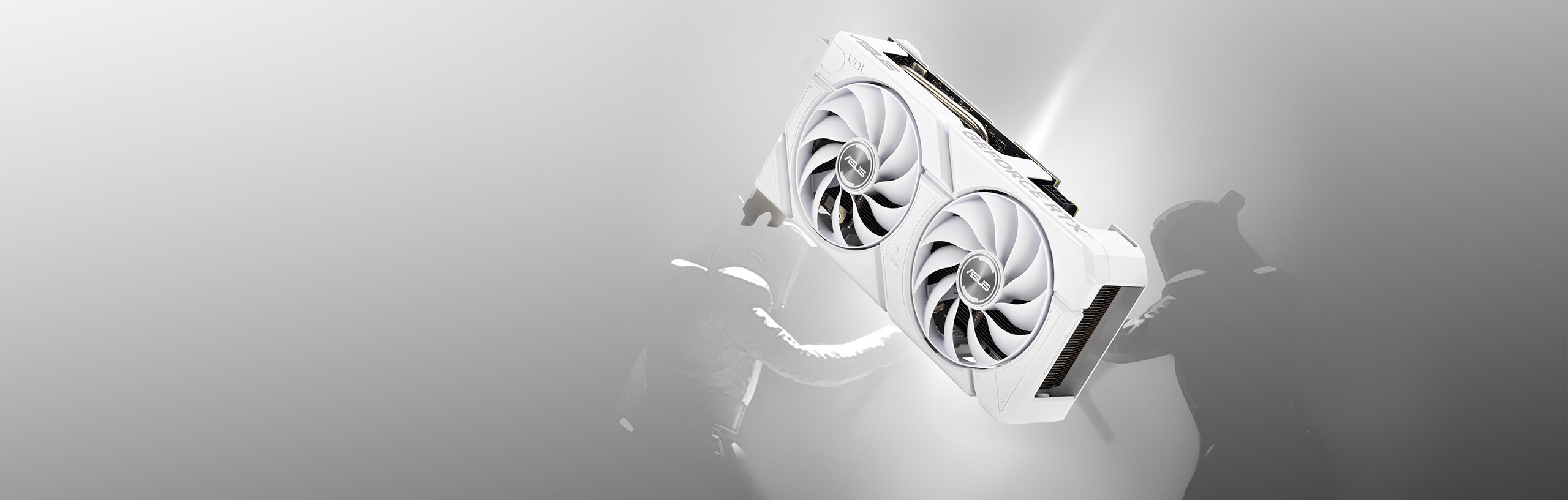 Front view of the ASUS Dual GeForce RTX™ 4070 SUPER White Edition graphics card with two men fighting in the background.  