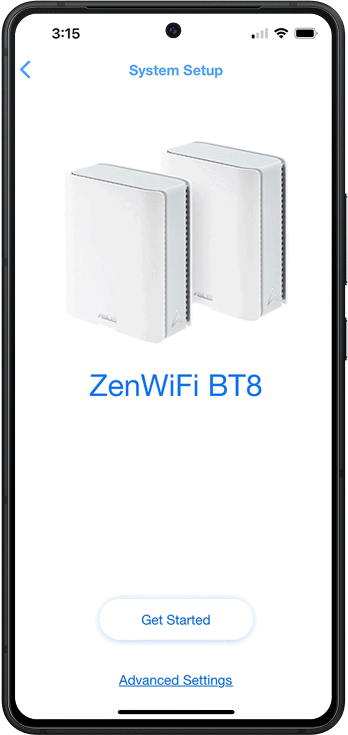 Een GIF toont de 3-staps configuratie-interface van de ASUS Router-app.