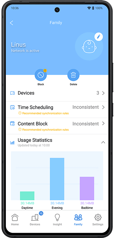 Internet activity dashboard interface with a bar graph showing data usage at different times of the day.