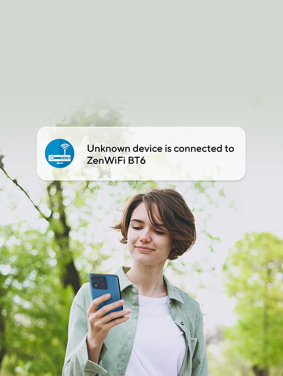 A woman outdoors looking at her smartphone with a notification about an unknown device connected to her router.