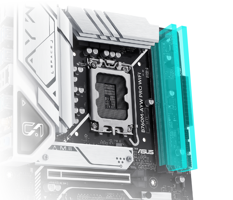 The B760M-AYW PRO WIFI-CSM comes along with ASUS Enhanced Memory Profile II (AEMP II) to train your memory kit and optimize clock speed to unleash DDR5 performance. Bar chart intro AEMP II profiles that offer up to 37.5% faster RAM speeds than baseline DDR5 specs.