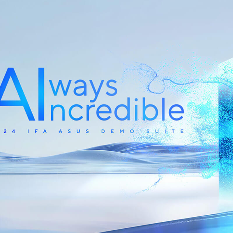 The key visual of ASUS IFA launch event is shown. A blue portal is on the right with futuristic grains floating in front of it as it sits in front of aesthetic waves.