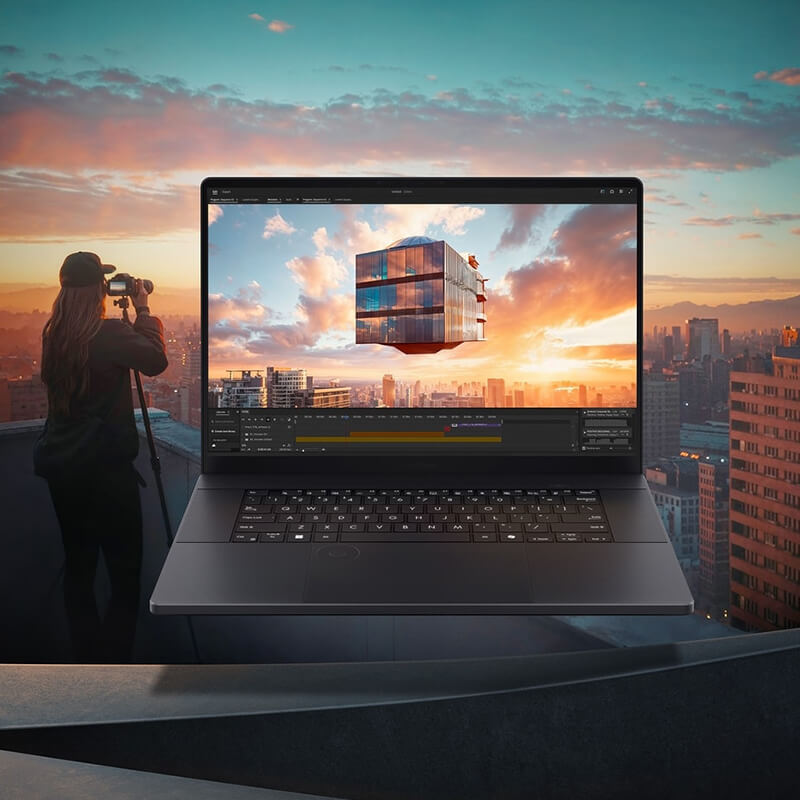 A ProArt P16 laptop with video-editing software displayed onscreen floats in front of a background image of a city during sunset.