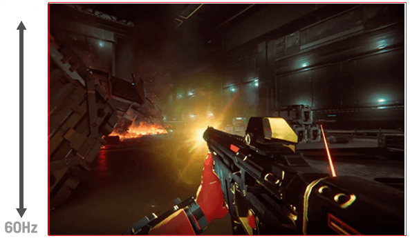 Scene from an FPS game with a gun firing