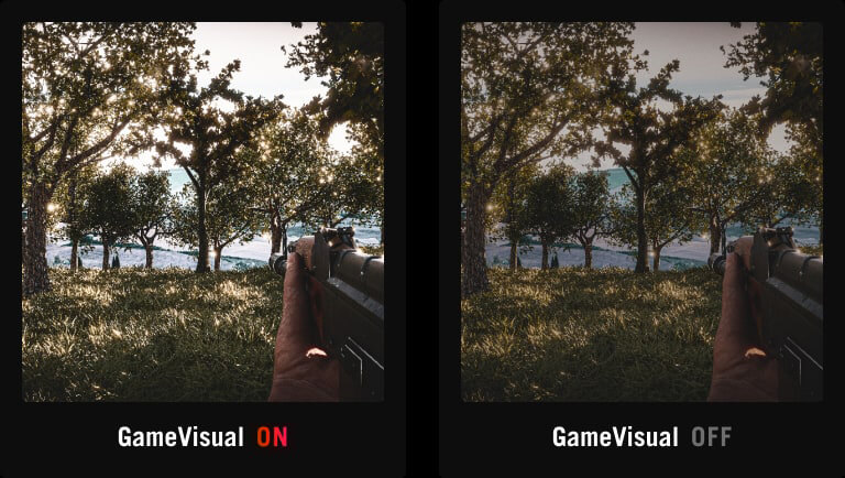 Capture d'écran éclatante d'un jeu FPS / Capture d'écran identique d'un jeu FPS, avec des couleurs moins éclatantes