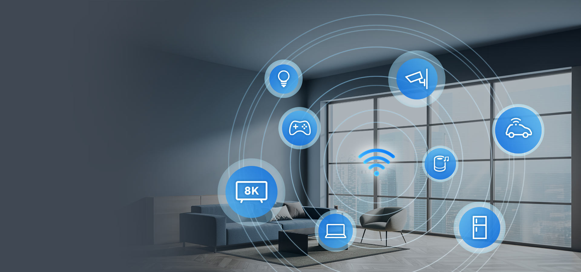 Smart Home-Gerätesymbole, die ein WiFi-Symbol einkreisen.