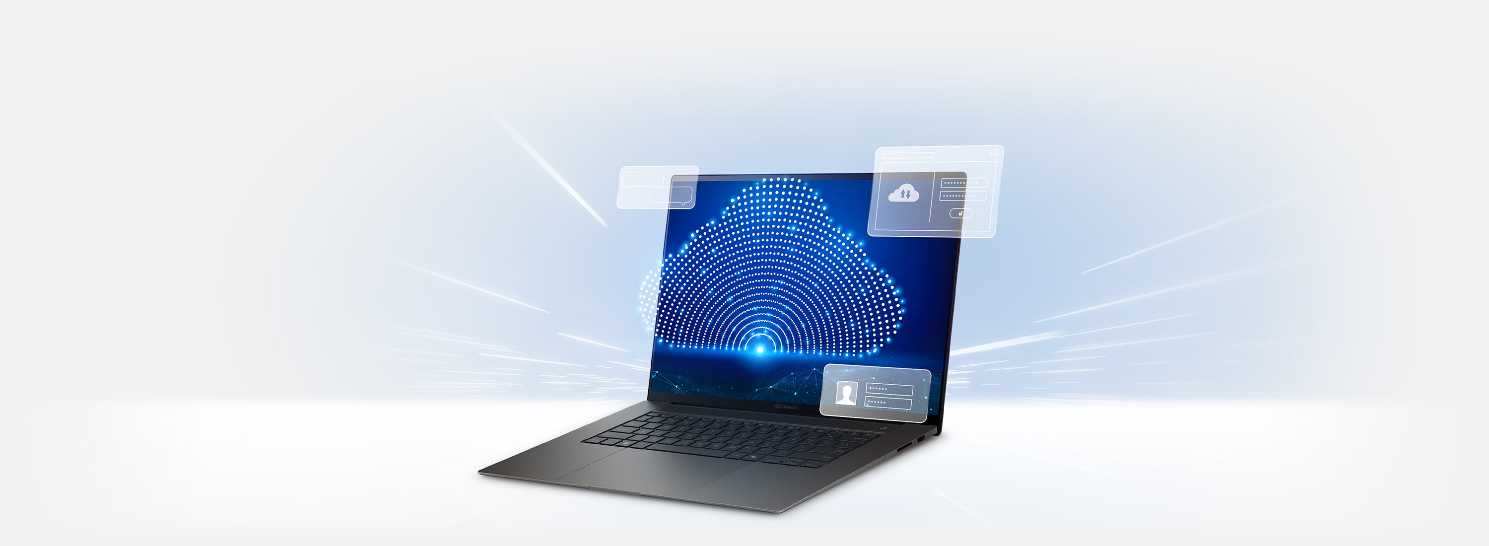 A laptop displaying a digital security interface with a lock icon on a cloud.