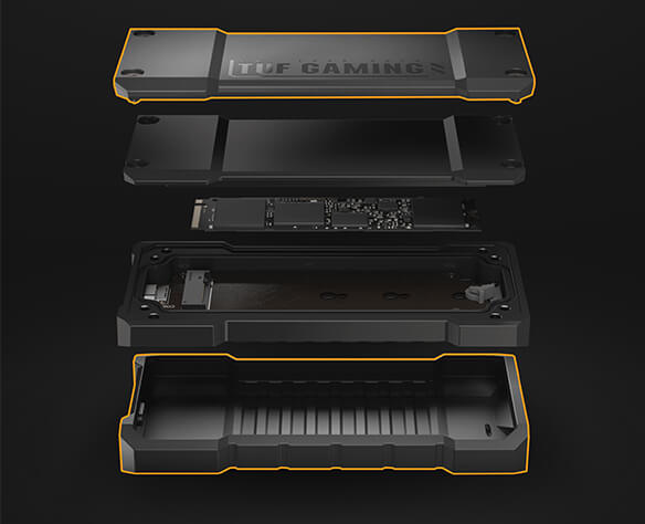 TUF Gaming A2 SSD enclosure exploded view with highlighted silicone rubber exteriors