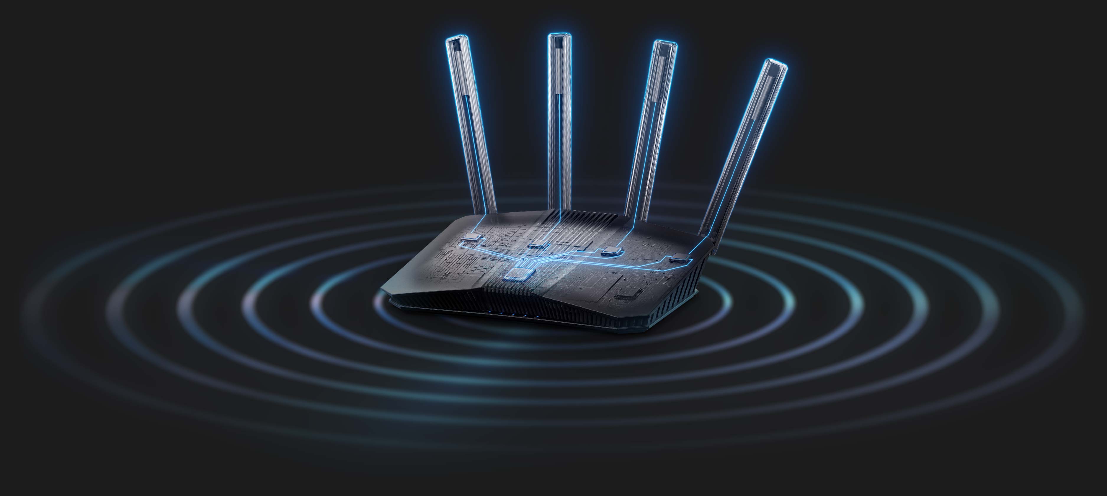 RT-BE58U front angled transparent view, showing CPU, FEMs and four external antennas