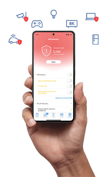 UI AiProtection avec des niveaux de sécurité moyen et élevé, logo AiProtection et bouclier bleu au-dessus.