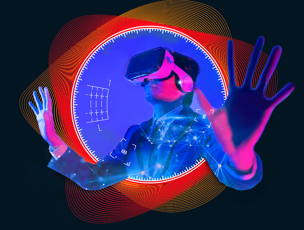 Person in VR headset interacting with virtual objects in a neon environment.