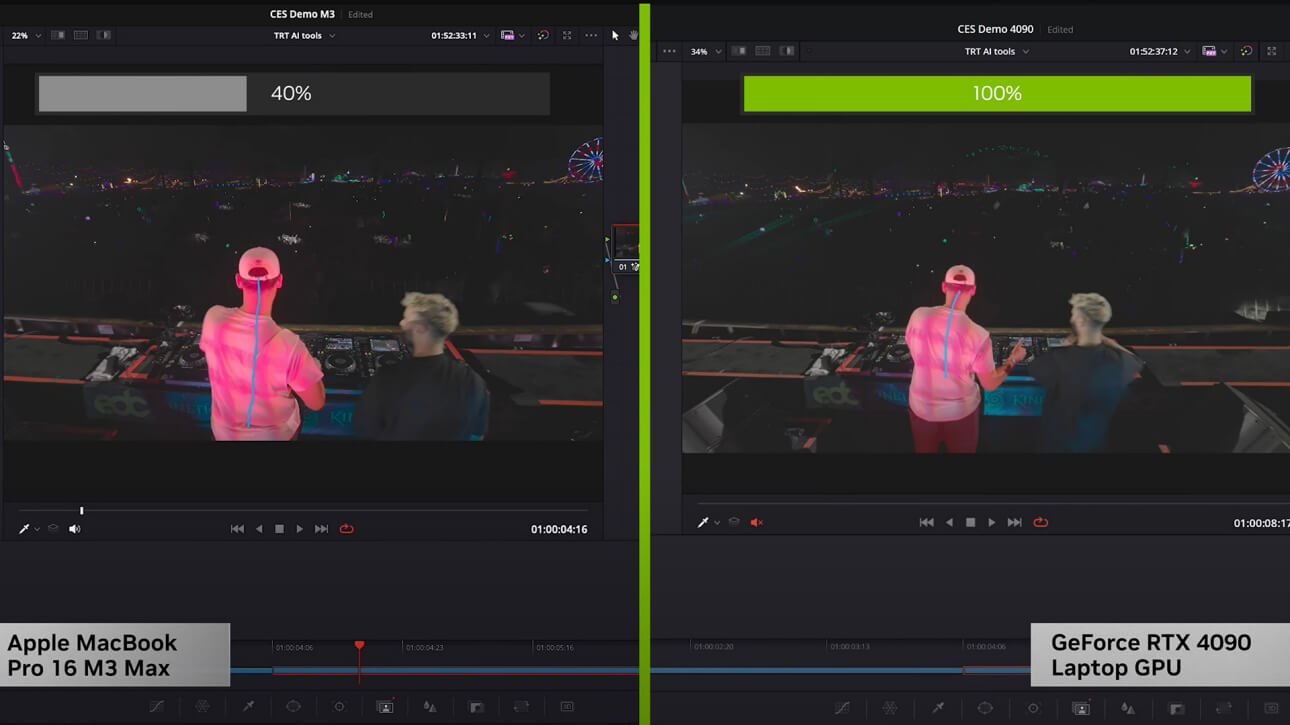 IU de edición de vídeo con Apple M2 y con GeForce RTX 4090