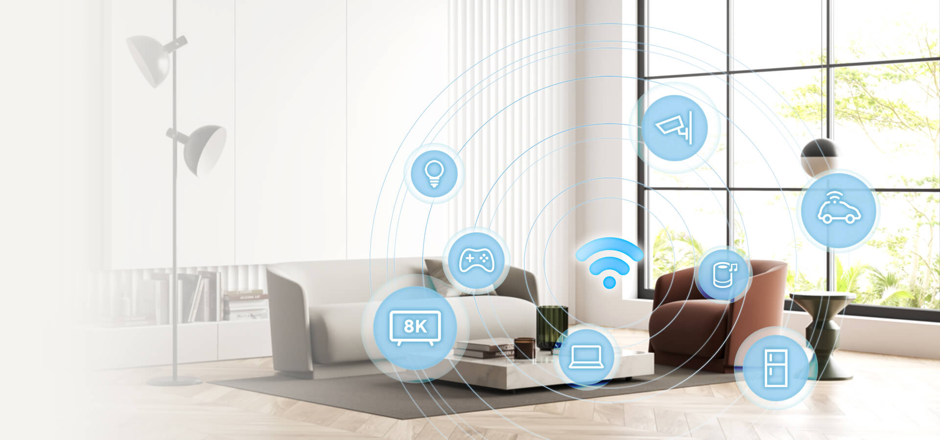 Modern living room with various smart home device icons connected through a central WiFi symbol.