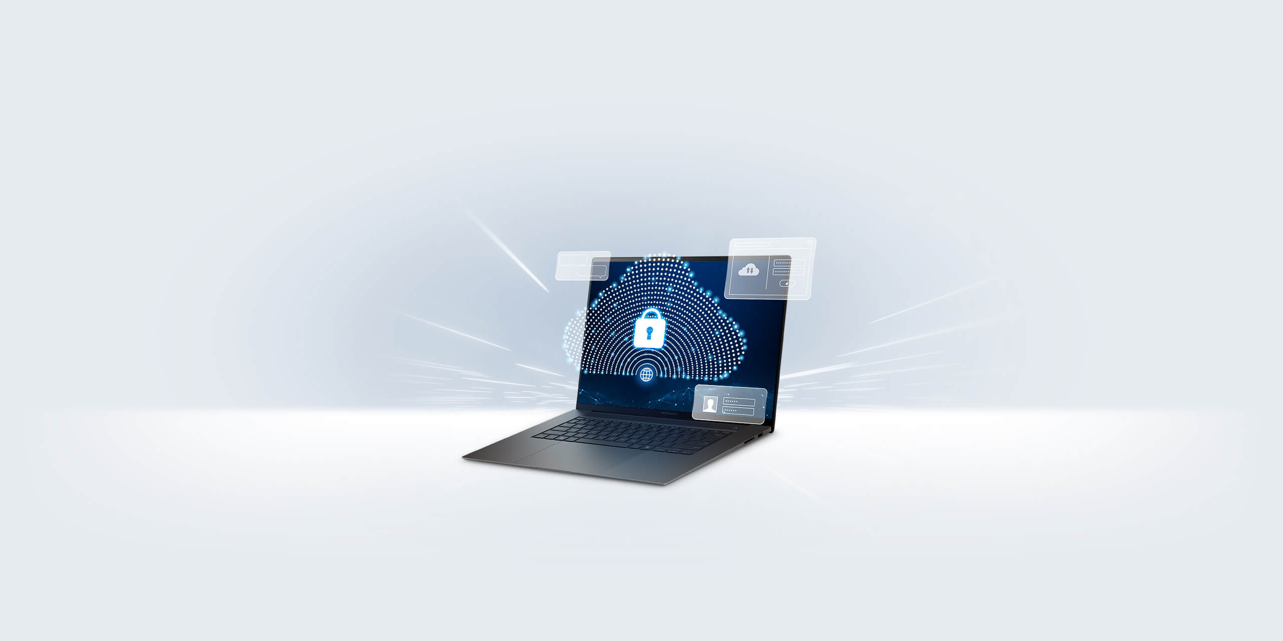 A laptop displaying a digital security interface with a lock icon on a cloud.