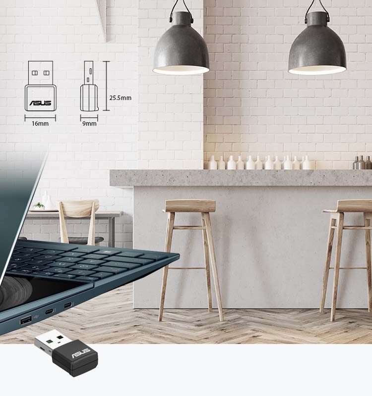 USB-AX57 Nano can be plugged easily into laptops or PCs with a USB port to give it full WiFi 6 speed capabilities.