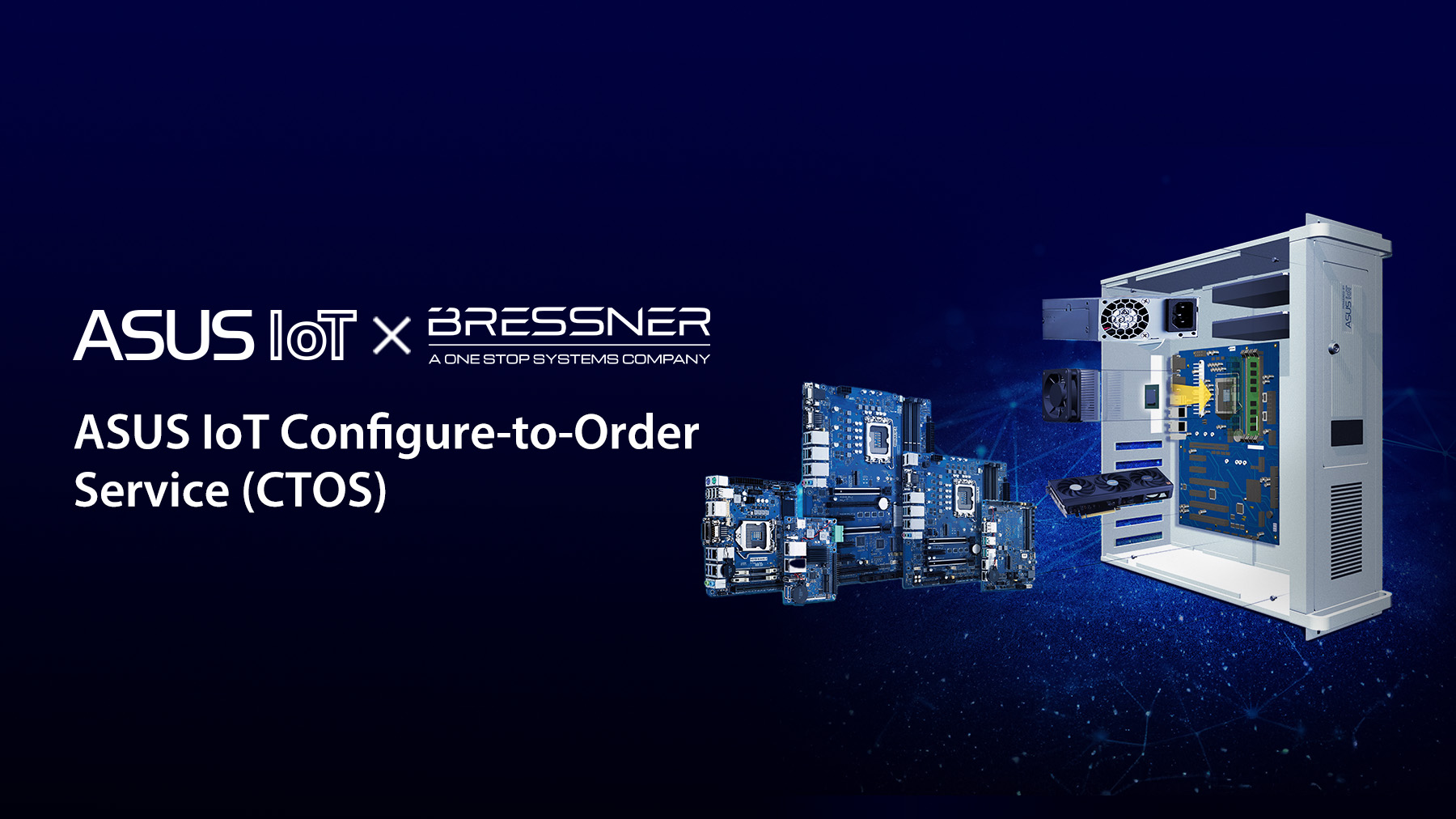 Dark blue background showcasing ASUS IoT and BRESSNER logos, alongside modular products and industrial motherboards. Announcement of ASUS IoT's partnership with BRESSNER for the launch of the ASUS IoT Configure-to-Order Service (CTOS) Solution.