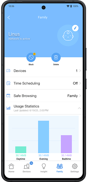Safe Browsing interface with four filtering levels: Security, Family, Ad Block, and Ad Block and Family.