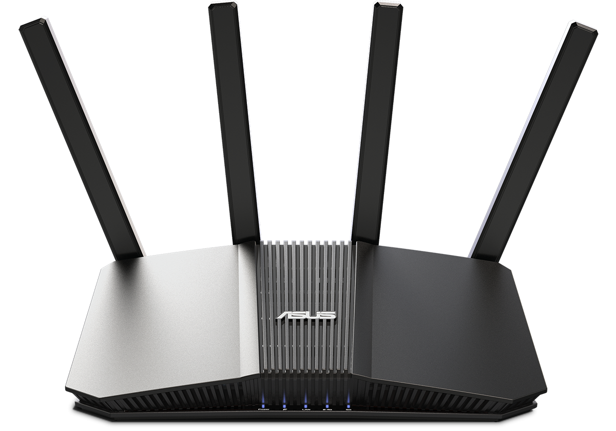 ASUS RT-BE55 front angle view with ‘WiFi 7’ text on the background