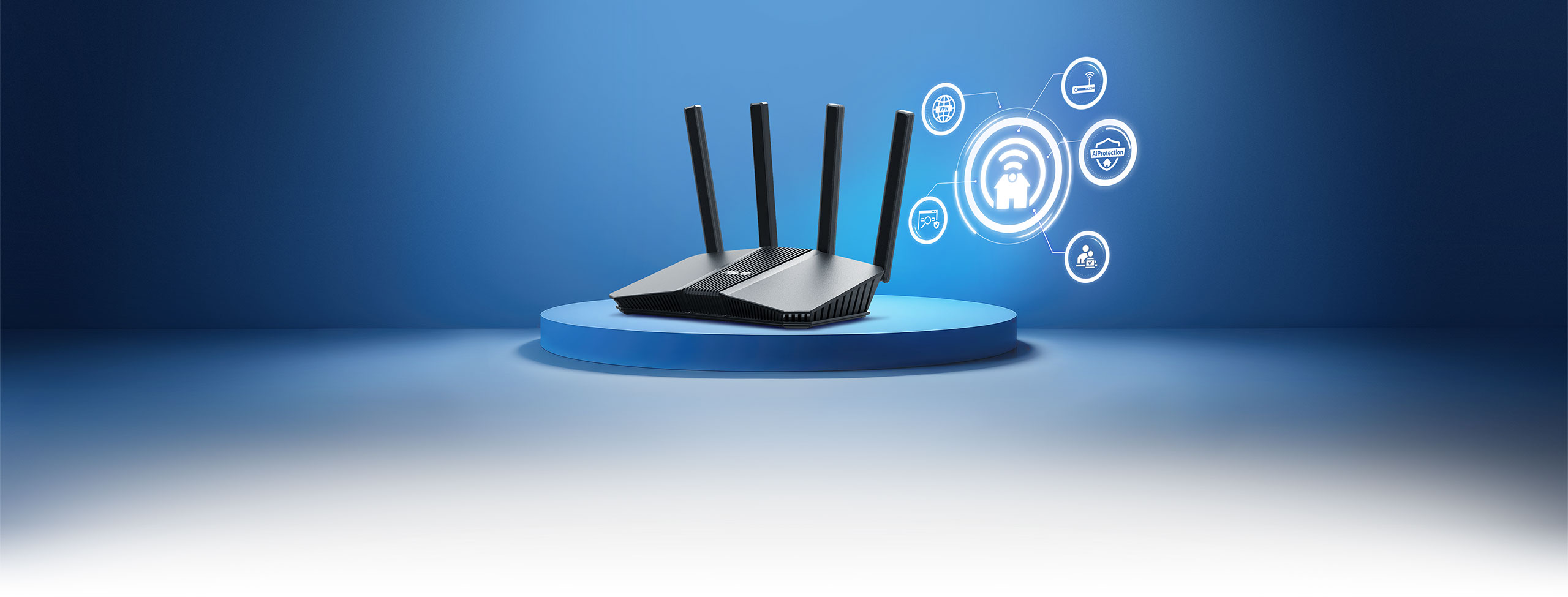 RT-BE55 standing on a podium with a smart home panel showing the extendable network features