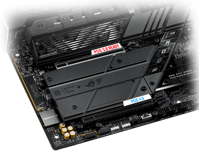 Układ gniazd M.2 PCIe 5.0 i gniazd na karty rozszerzeń – Strix Z890-E