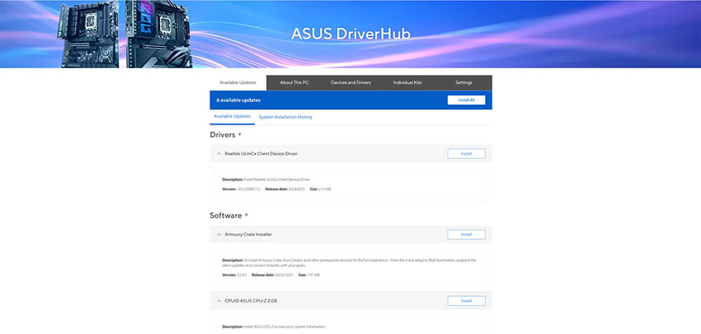 Interfejs ASUS DRIVER HUB