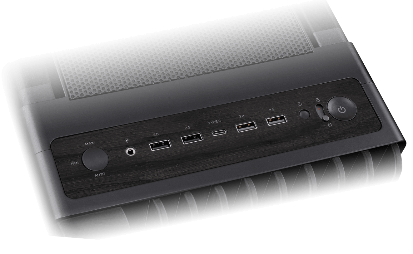 ProArt PA602 wood edition case front panel I/O, including power latch, fan speed control and USB Type-C port