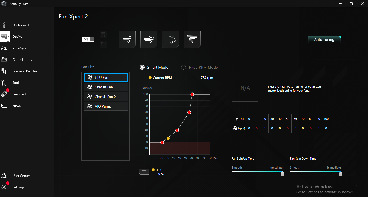 UI of Fan Xpert 2+ for cooling controls