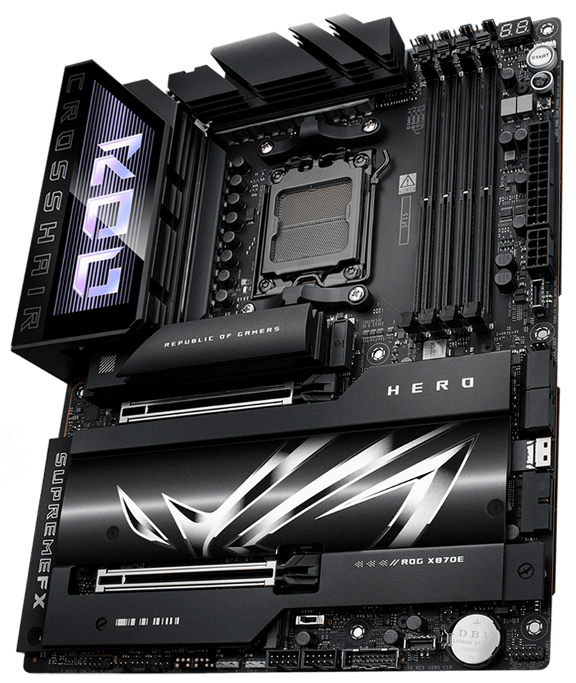 The ROG Crosshair X870 Hero left sided angle