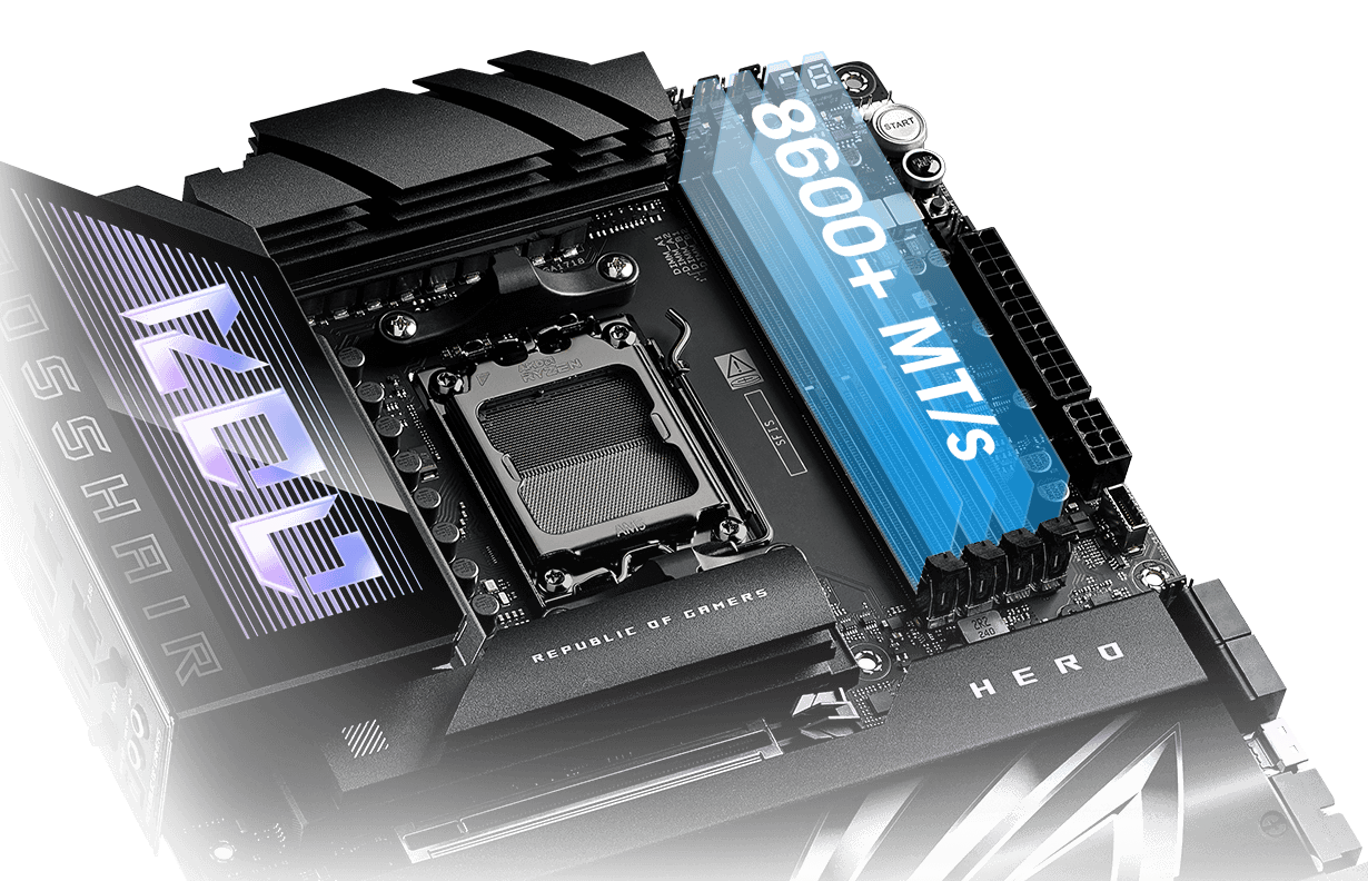 The ROG Crosshair X870 Hero lets you overclock memory up to 8600+ MT/s.