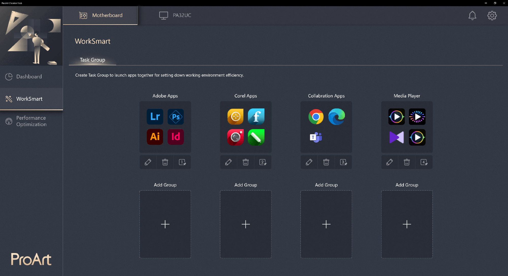 ProArt 顯示器上顯示 ProArt Creator Hub 應用程式 WorkSmart 使用者介面截圖