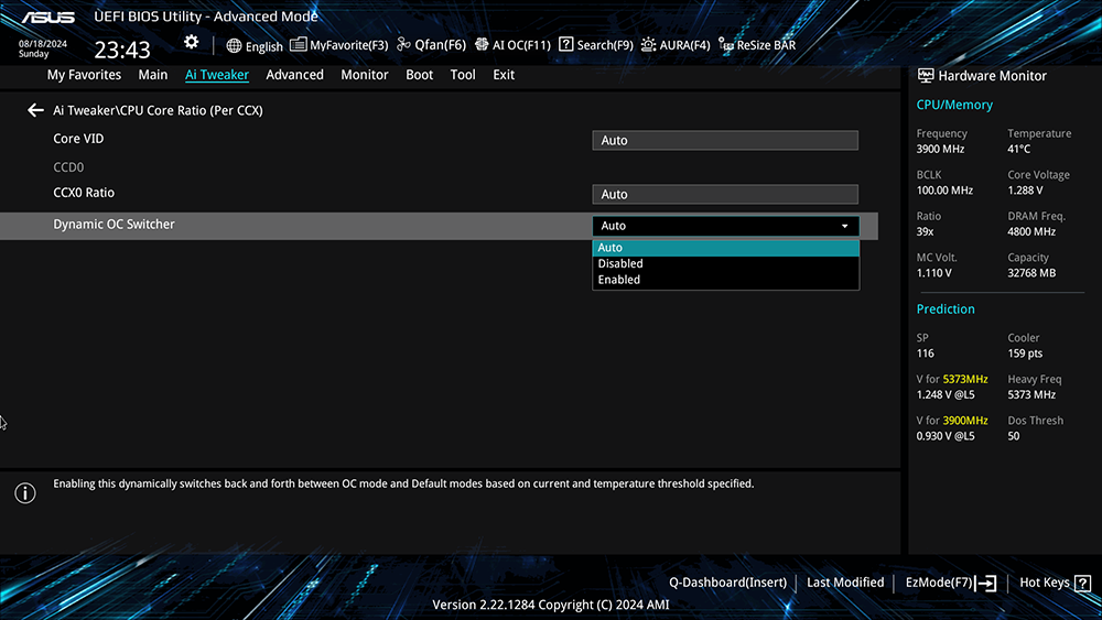 Interface BIOS UEFI avec fonction Dynamic OC Switcher sélectionnée