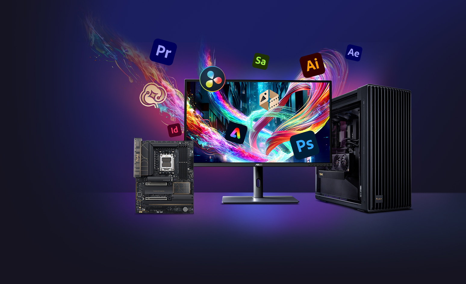 Monitor, laptop, computer case and other PC products arrayed on platforms, with Adobe product logos floating around them