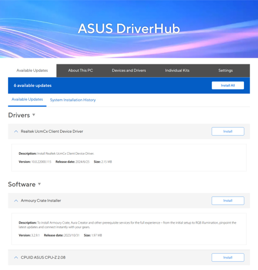 Interface de utilizador do ASUS DriverHub