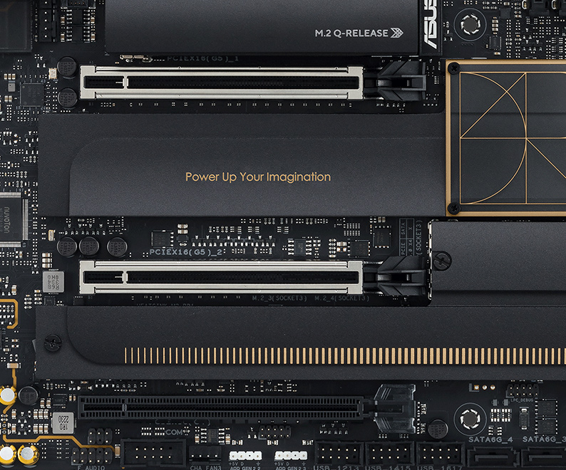 Gros plan sur la ProArt X870E-Creator WiFi mettant en évidence les slots PCIe 5.0