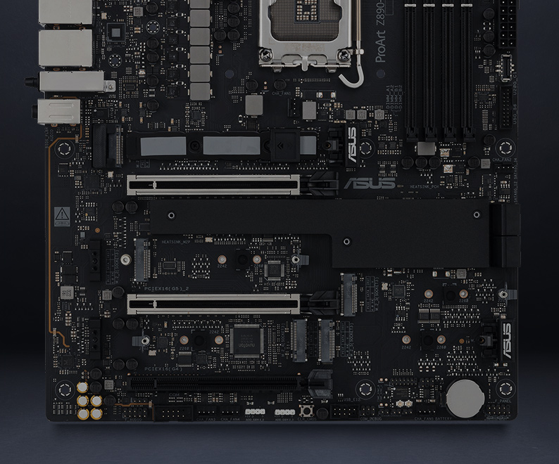 Top-down view of ProArt Z890-Creator WiFi with four M.2 slots highlighted