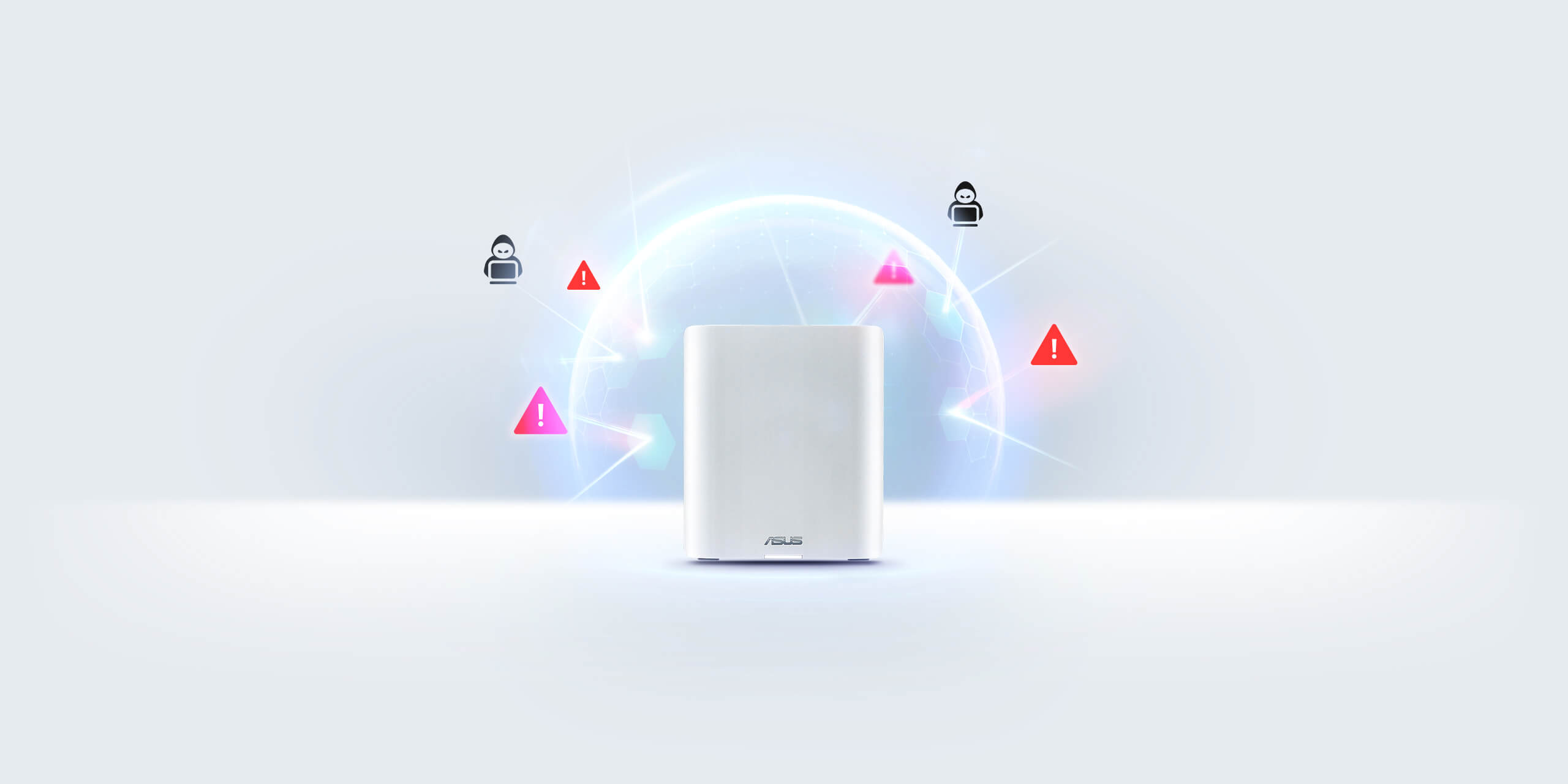 华硕灵耀魔方Pro with a digital shield surrounding it, protecting against various online threats.