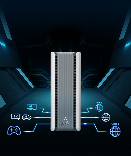华硕灵耀魔方Pro with AI PC, TV, electric car, and console icons, connecting via BT8P to different VPN and Internet.