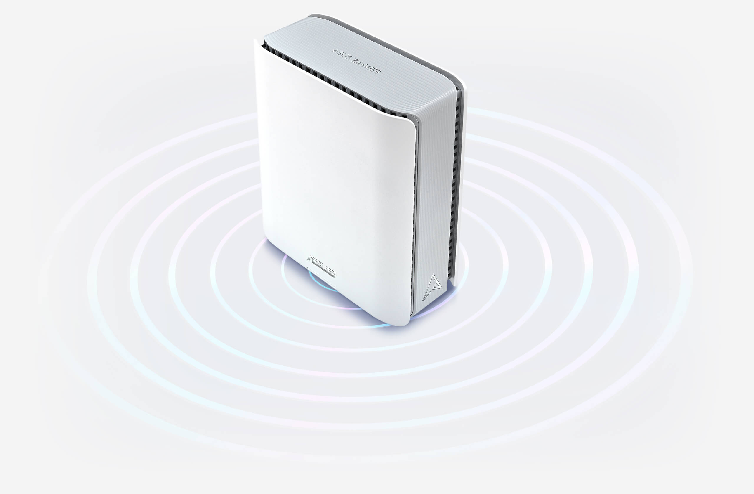 华硕灵耀魔方Pro mesh router displayed with WiFi signal graphics underneath.