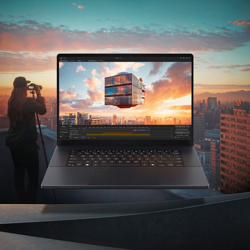 A woman capturing a surreal image displayed on the ProArt P16 laptop.