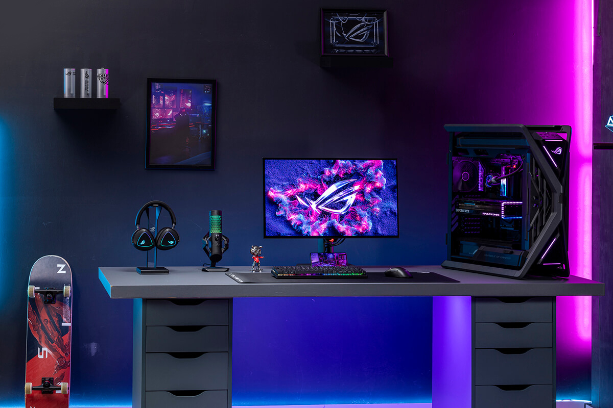 ROG gaming setup with peripherals, monitor, and gaming PC